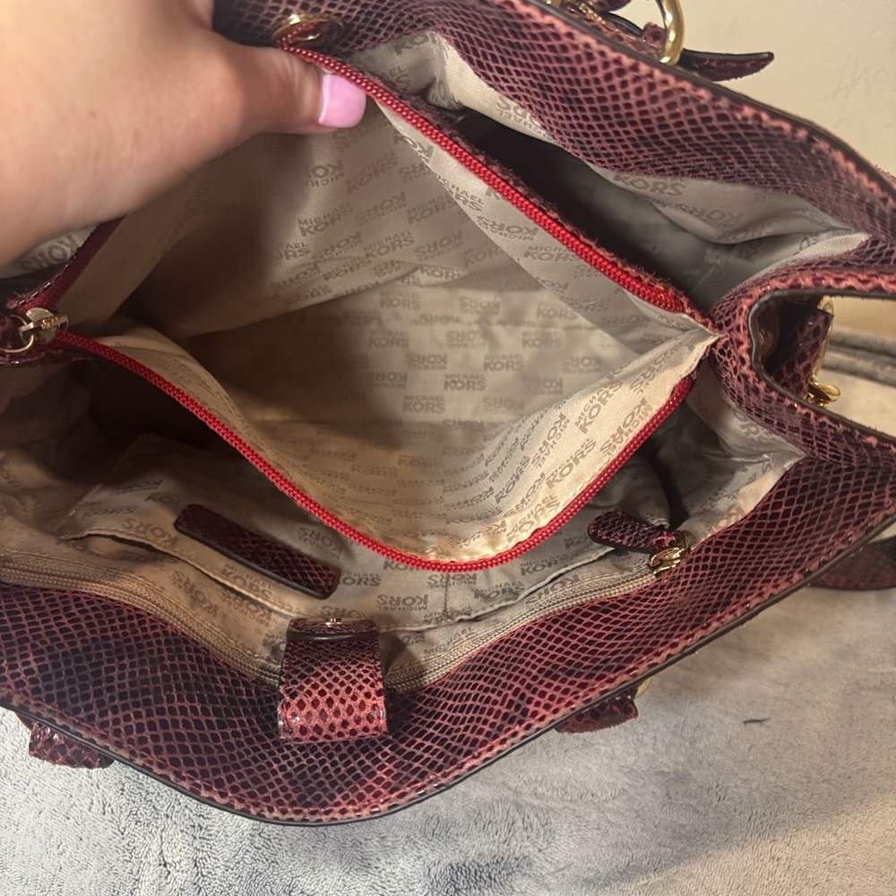 Michael Kors Large Red & Black Python Embossed Leather Satchel - Gold HW - Picture 16 of 16
